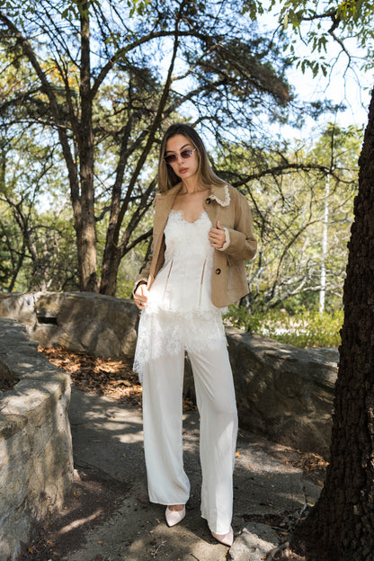 Lace Trim Wide Leg Pants — Ivory