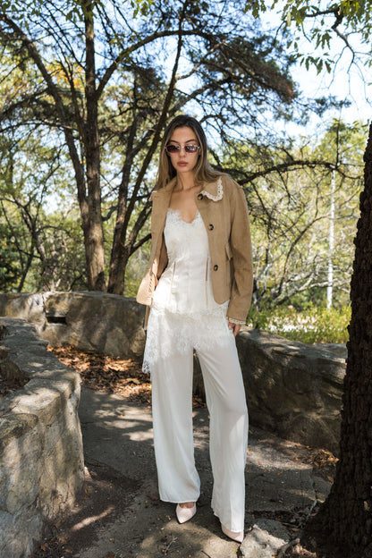 Lace Trim Wide Leg Pants — Ivory