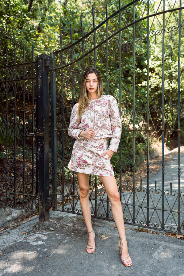 Amara Floral Jacquard Blazer — Ivory & Pink