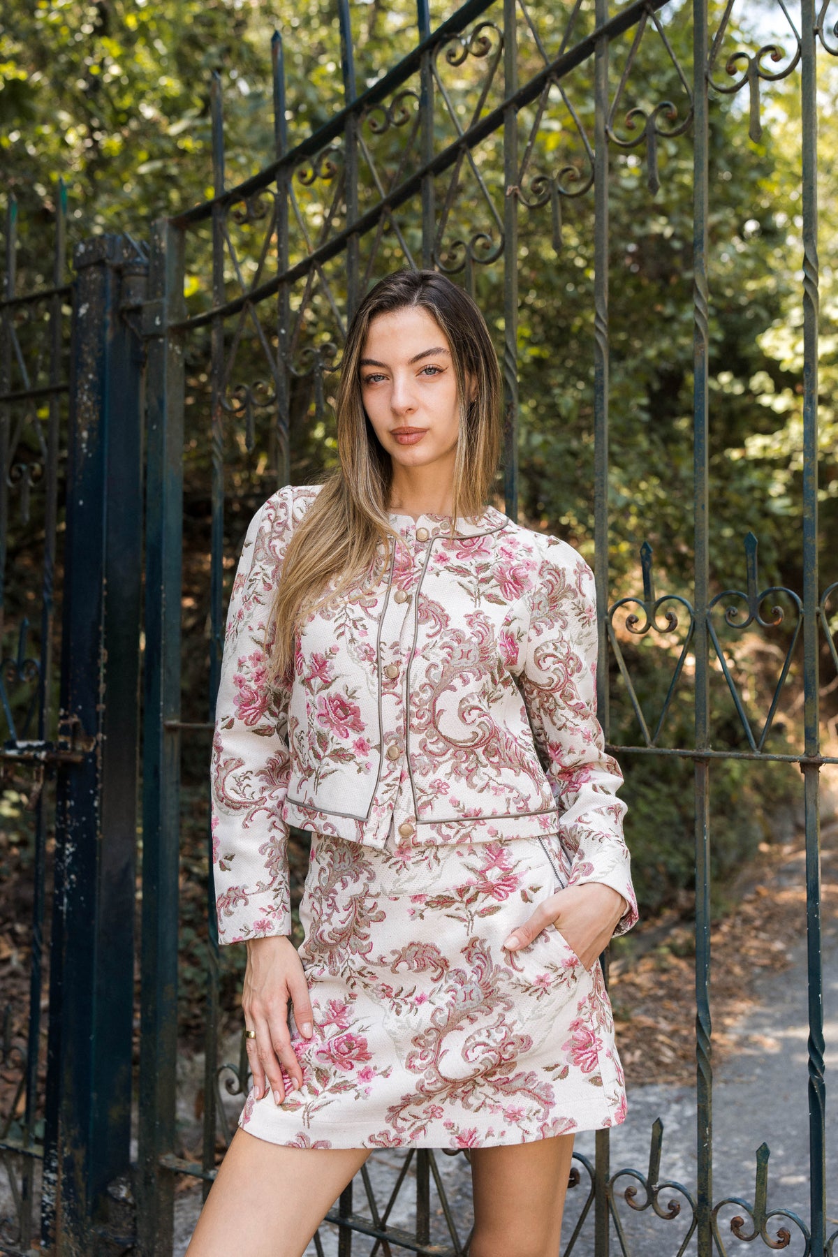 Amara Floral Jacquard Skirt — Ivory & Pink