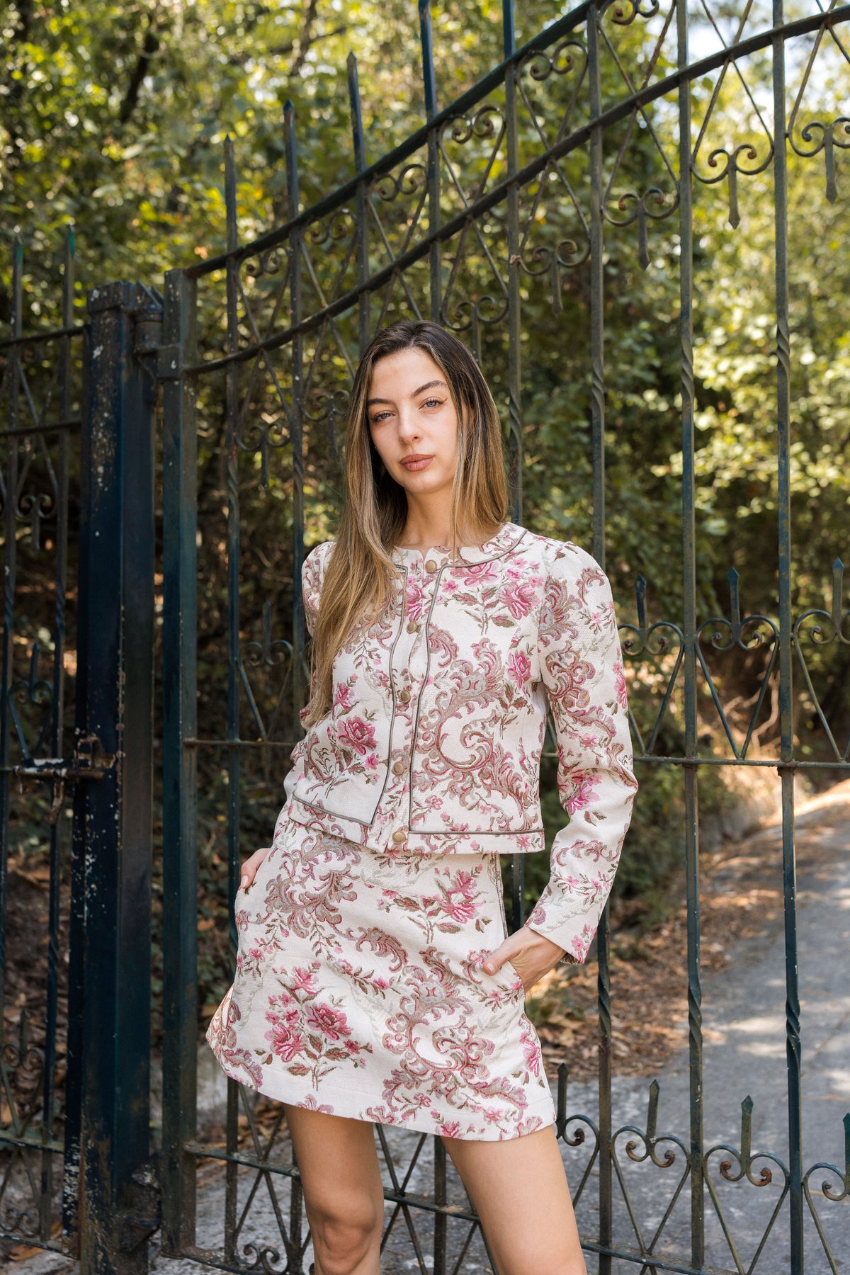 Amara Floral Jacquard Skirt — Ivory & Pink