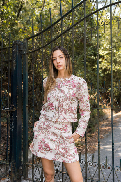 Amara Floral Jacquard Skirt — Ivory & Pink
