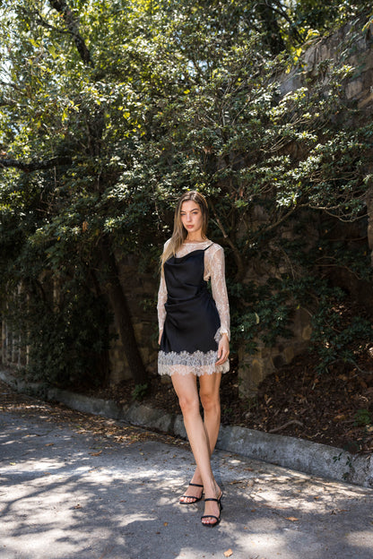 Lace Trim Satin Mini Dress — Black & Ivory