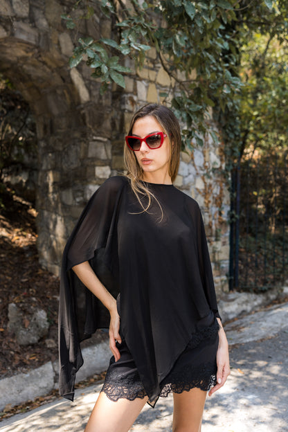 Sheer Draped Cape — Black