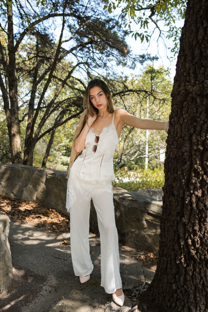 Lace Trim Wide Leg Pants — Ivory