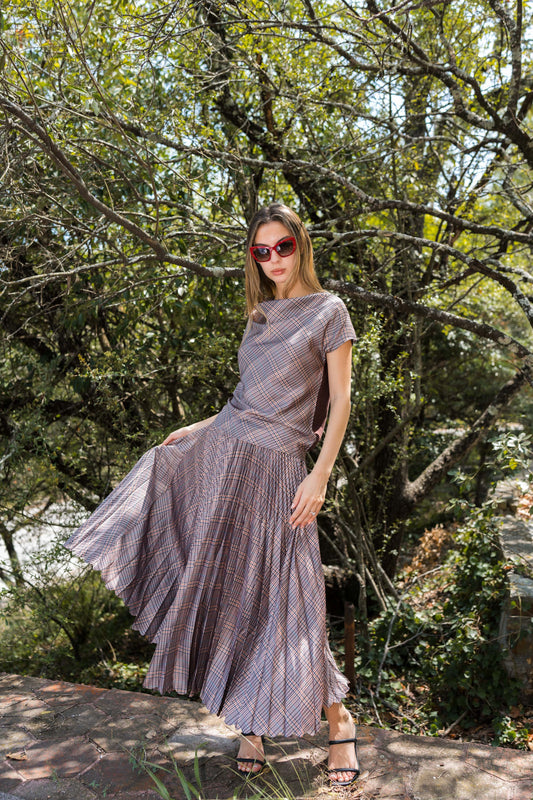 Pleated Maxi Skirt — Taupe Plaid